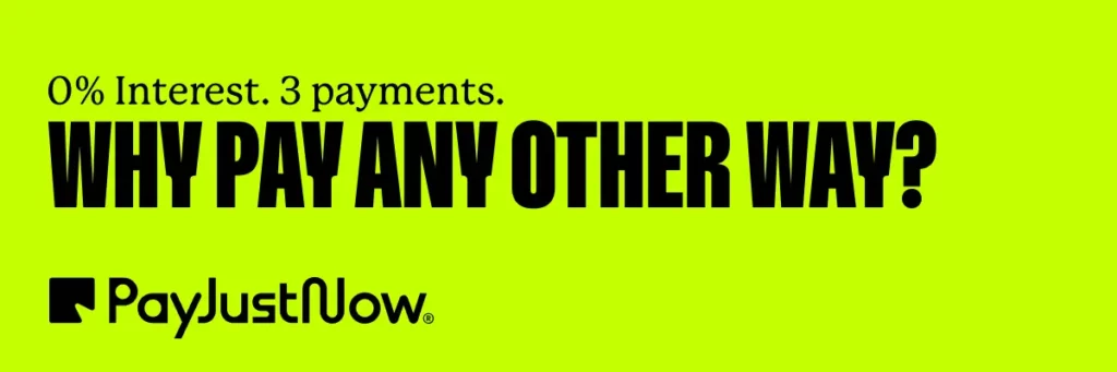 PayJustNow Banner for Email in Green. 0% Interest, 3 Payments.